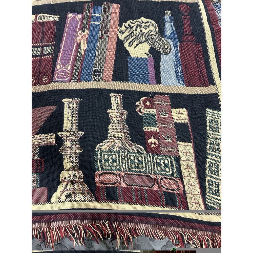 VTG Goodwin Weavers Cotton Tapestry Fringe Blanket Library Book Shelf 68”x49” - Picture 3 of 11